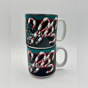 Candy Cane Coffee Mug 1998 Jeanne Beury Potpourri Christmas Bells 12 oz Set Of 2